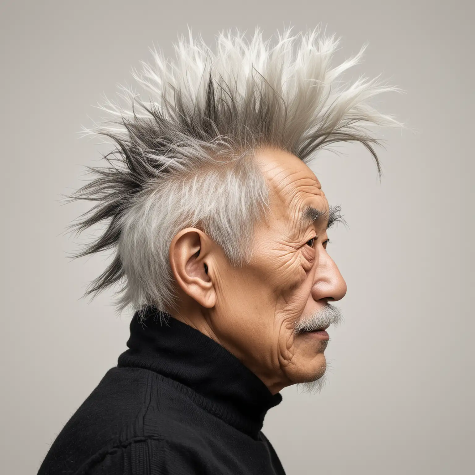 Portrait photograph, side profile view, Old Japanese man with crazy Einstein hair, black turtleneck, white background