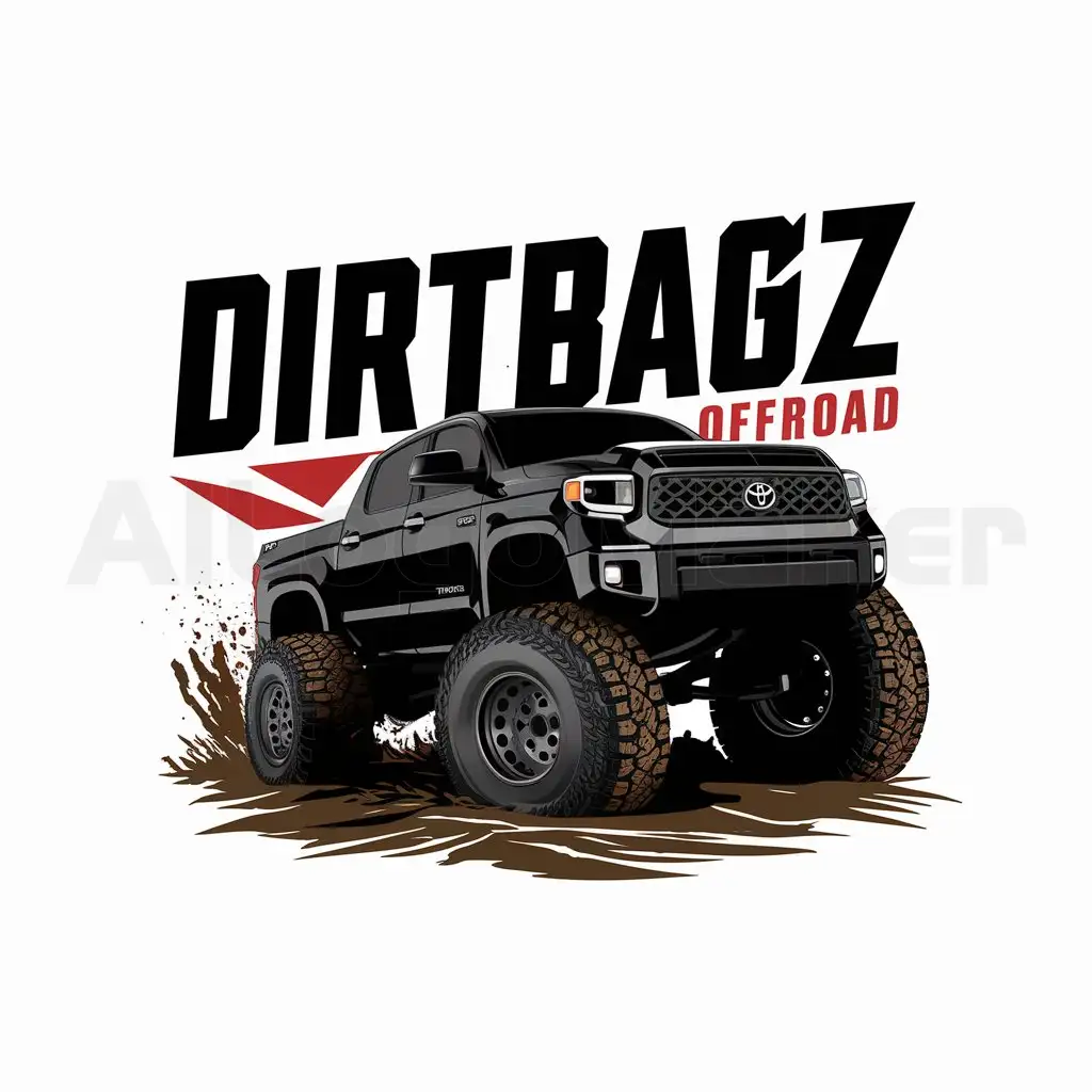 a logo design,with the text "DIRTBAGZ OFFROAD", main symbol:LIFTED BLACK TOYOTA TUNDRA WITH BIG TIRES, GOING THROUGH MUD,complex,be used in Automotive industry,clear background