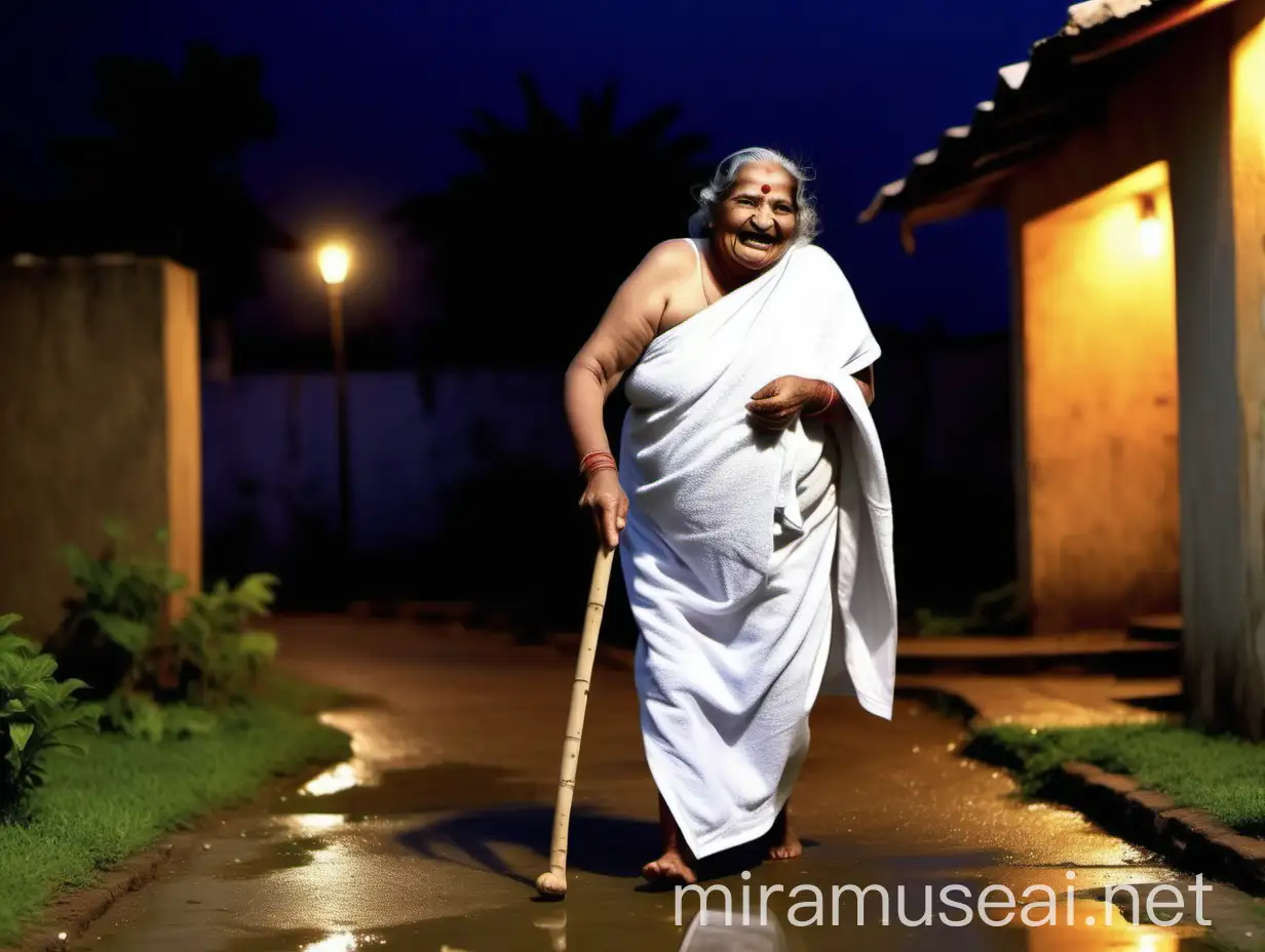 Elderly Indian Woman Joyfully Walks in Rainy Village Night