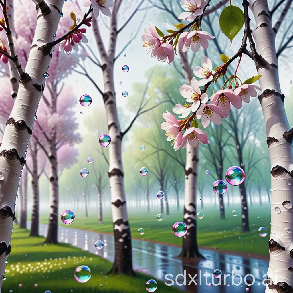 Birch grove, bird cherry blossoms, rain, droplets bubbles, double exposure, 5d,64mp, 128k, fractal, surrealism, hyperrealistic, hyper-detailing