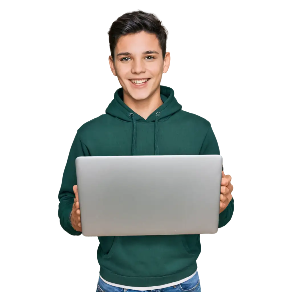 create a boy smiling with hoody holding a laptop