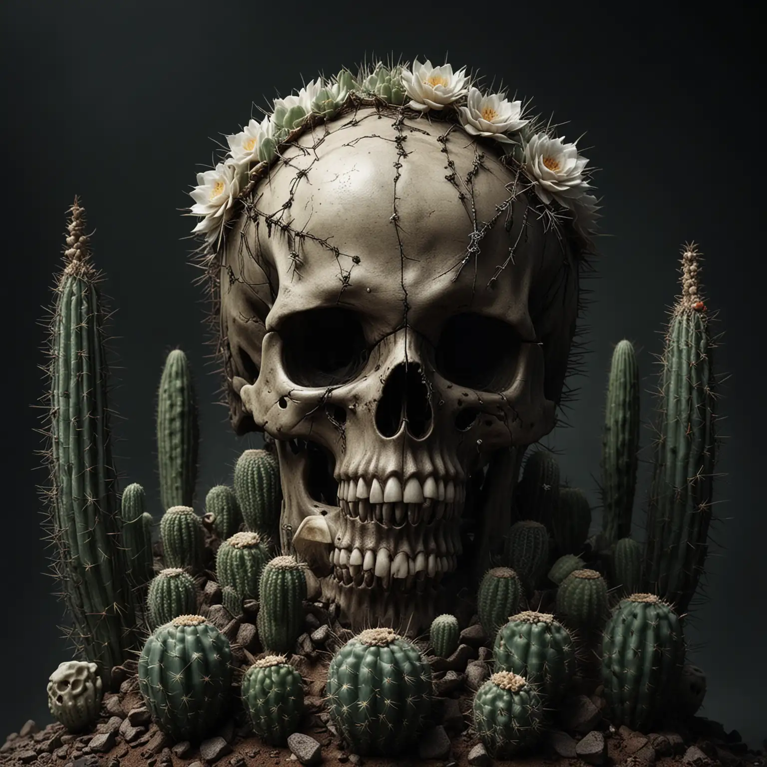 human skull, monster fangs, wild cactus growing from it, dark colors