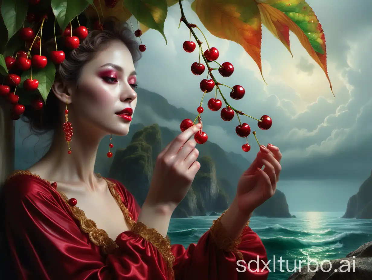 A captivating hyper-realistic painting depicts a woman's delicate hand, holding a stem adorned with a lush cluster of glistening cherries in various shades of red and yellow. Each cherry is encrusted with dewdrops, hanging from a reddish-green stem. The female hand is set against a dreamy, ethereal sea panorama, adding a touch of magic to the scene. The vibrant emerald leaf contrasts with the dreamy backdrop, while the cinematic quality of the image evokes a sense of wonder and mystique. This enchanting artwork invites viewers to step into this magical world and become immersed in its mystique., photo, painting, vibrant, dark fantasy, cinematic
