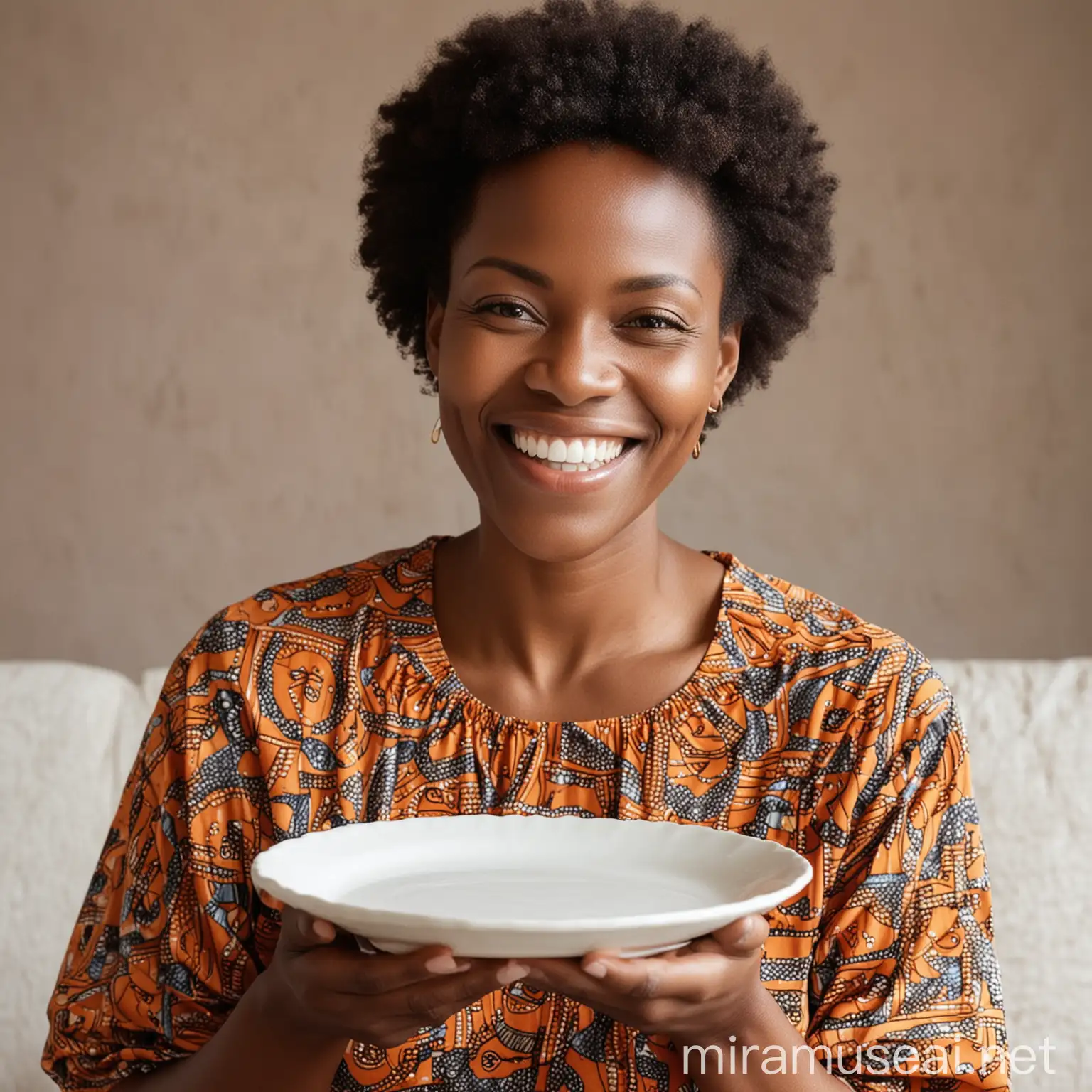 Joyful African Mother Holding Plate with Bright Smile