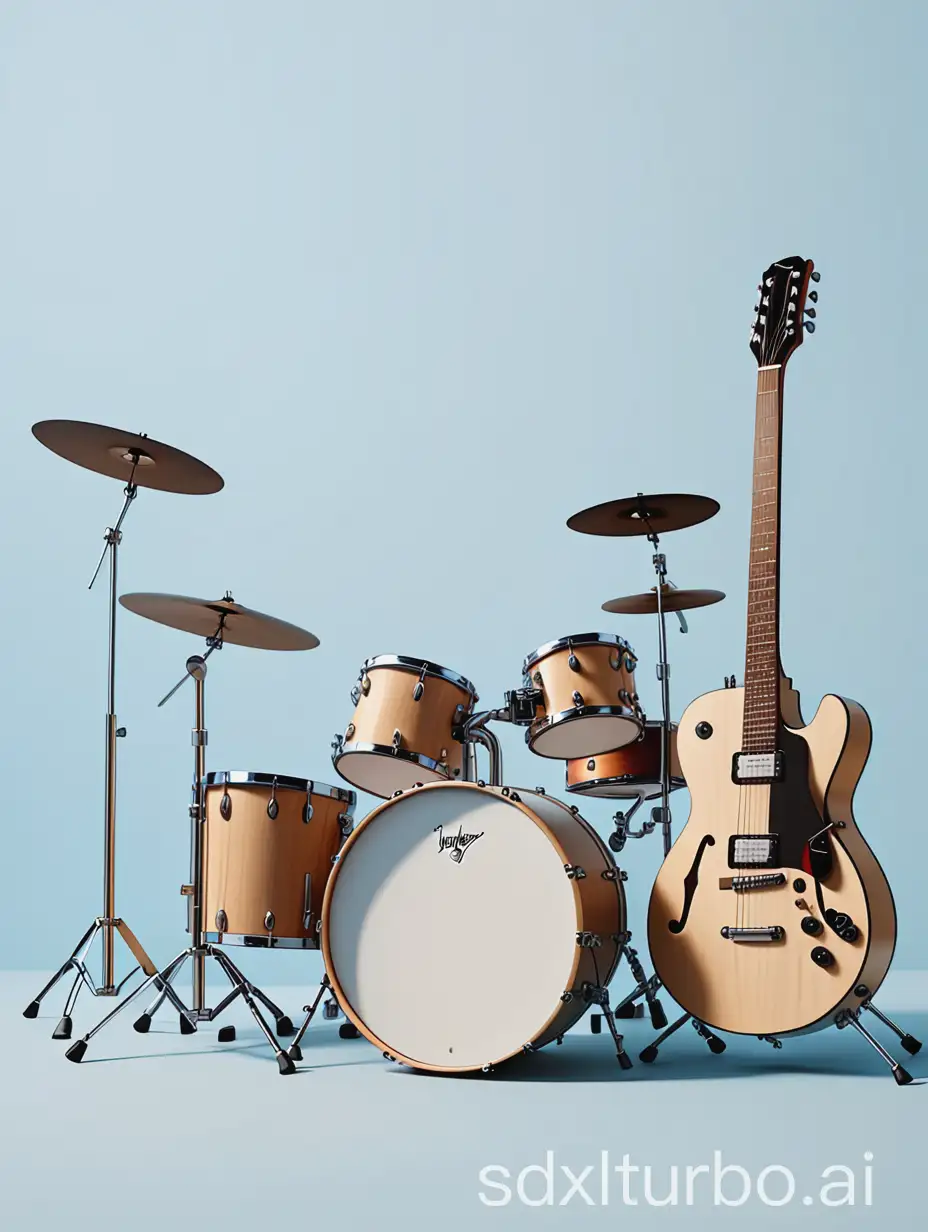 Screen is purely a light blue background, a simple wooden guitar stands to the left of the screen, the lines of the body are smooth. To the right is a drum set, the outline is clear. The guitar and drums are placed with a natural offset feel.