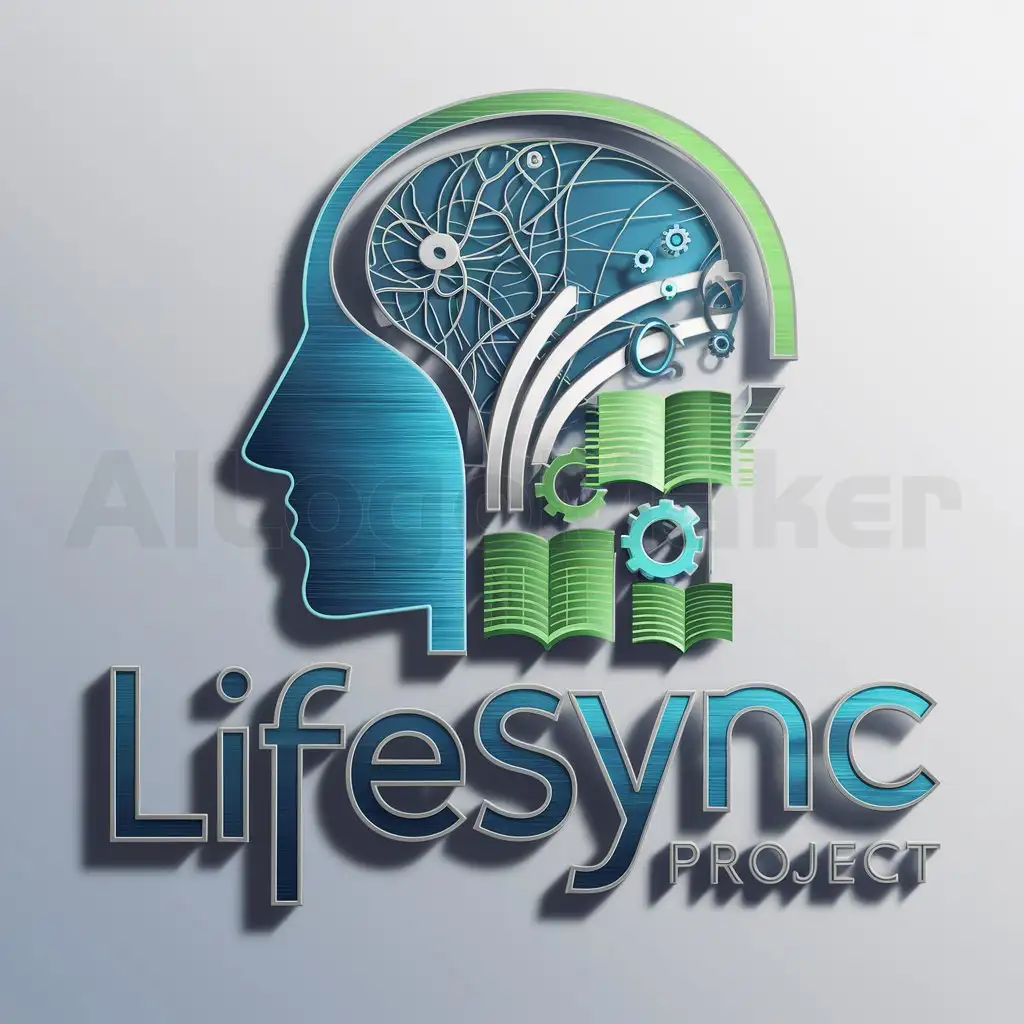 a logo design,with the text "LifeSync", main symbol:Create a logo for the LifeSync project that includes the following elements: an abstract silhouette of a head symbolizing intelligence and innovation. The inside of the head should depict complex neural networks and lines, signifying technological advancement. Use bright neon shades of blue and green to create associations with energy and renewal. Integrate abstract icons symbolizing great minds (e.g. books, gears, atoms or a pen) that can be interpreted as any historical figures. The project name 'LifeSync' should be written in a modern, easy to read font with a light 3D effect or engraving. The logo design should be stylish, dynamic and memorable, with elements of metallic sheen for modernity and technology.,complex,be used in Internet industry,clear background