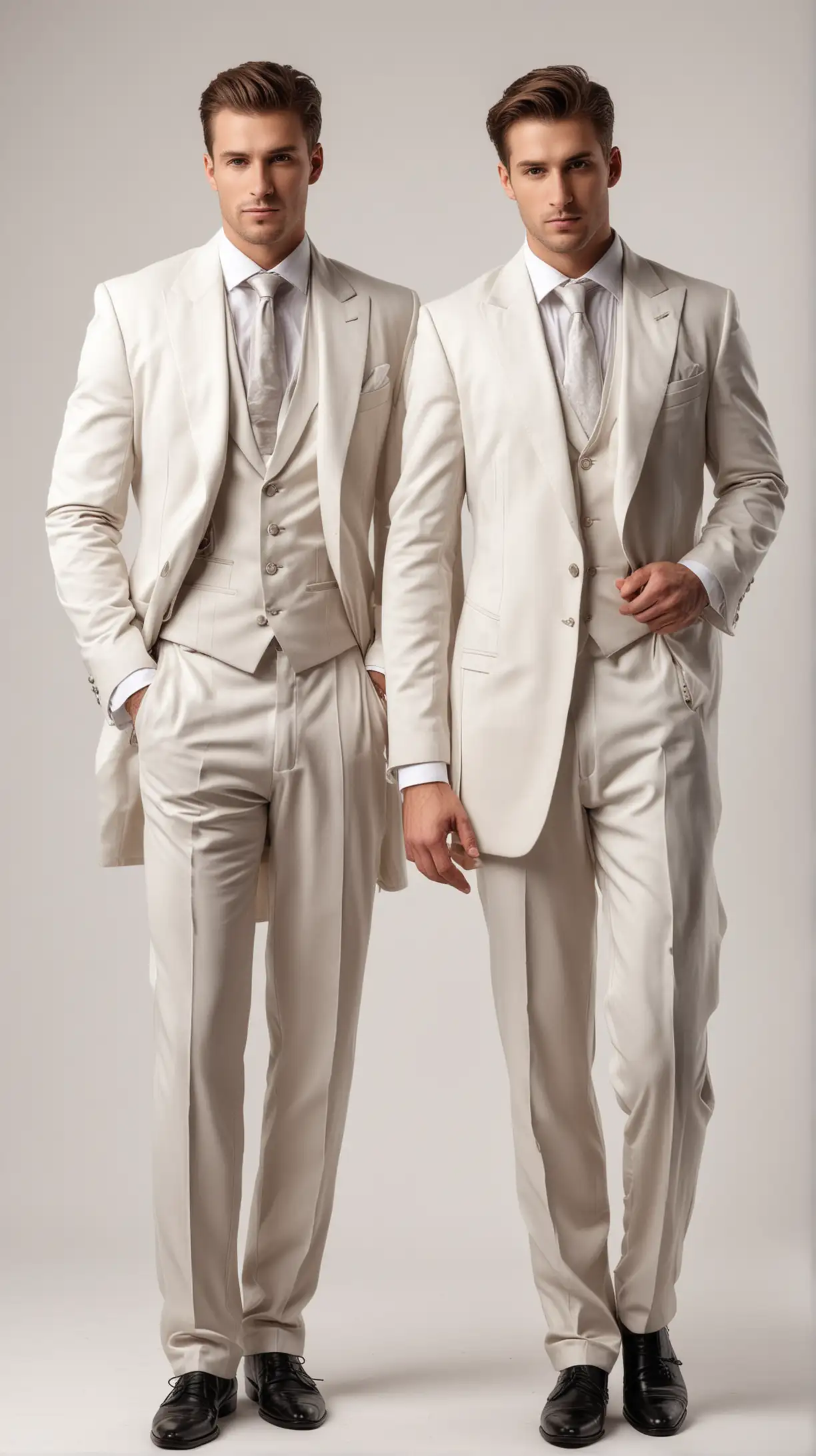 Two handsome gentlemen in elegant evening suits, undressing, full figures, blank neutral white background,