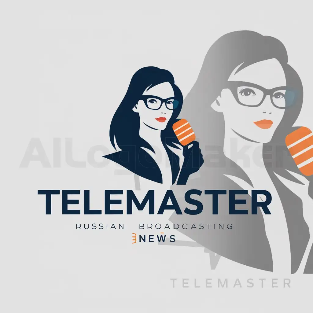 a logo design,with the text "TeleMaster in Russian", main symbol:logo design with the inscription "TeleMaster", the main symbol: the silhouette of a female news anchor with long hair, dark blue glasses and a microphone with orange inserts, a moderate, clean background.,Moderate,clear background
