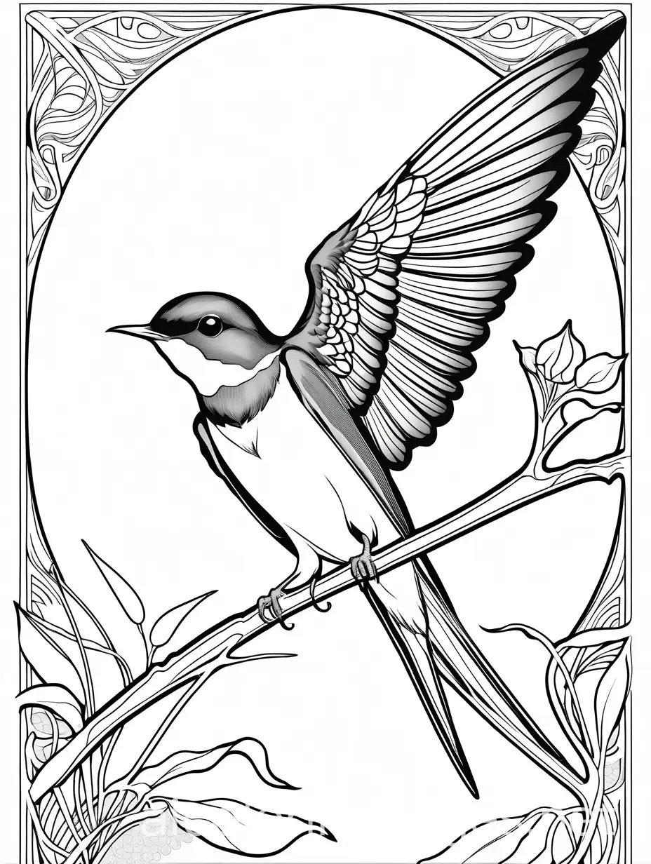 Barn Swallow fantasy, ethereal, beautiful, Art nouveau, in the style of Brian Froud, Coloring Page, black and white, line art, white background, Simplicity, Ample White Space. The background of the coloring page is plain white to make it easy for young children to color within the lines. The outlines of all the subjects are easy to distinguish, making it simple for kids to color without too much difficulty