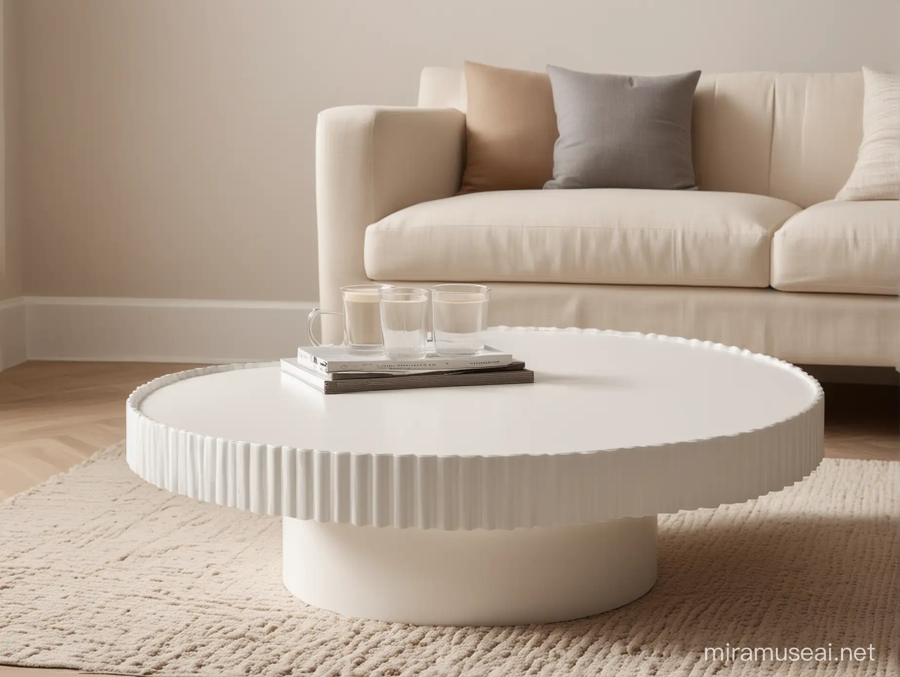 lifestyle setting for product placement A product photography picture of a white circle fluted coffee table with a minimal decoration blurred background