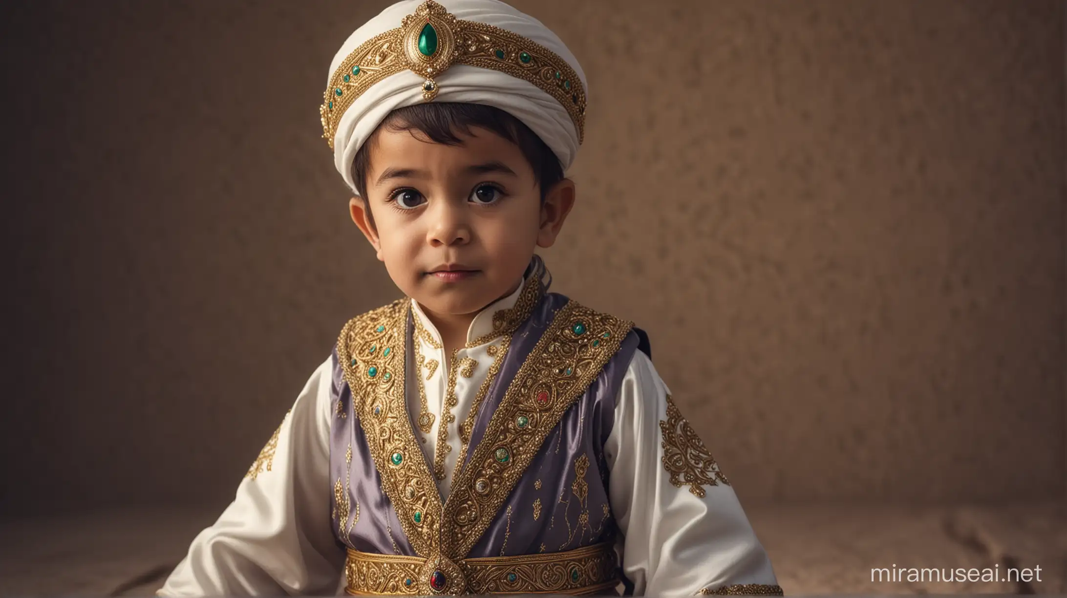 Toddler in Muslim Sultan Prince Cosplay Captured in Cinematic 8K Photography