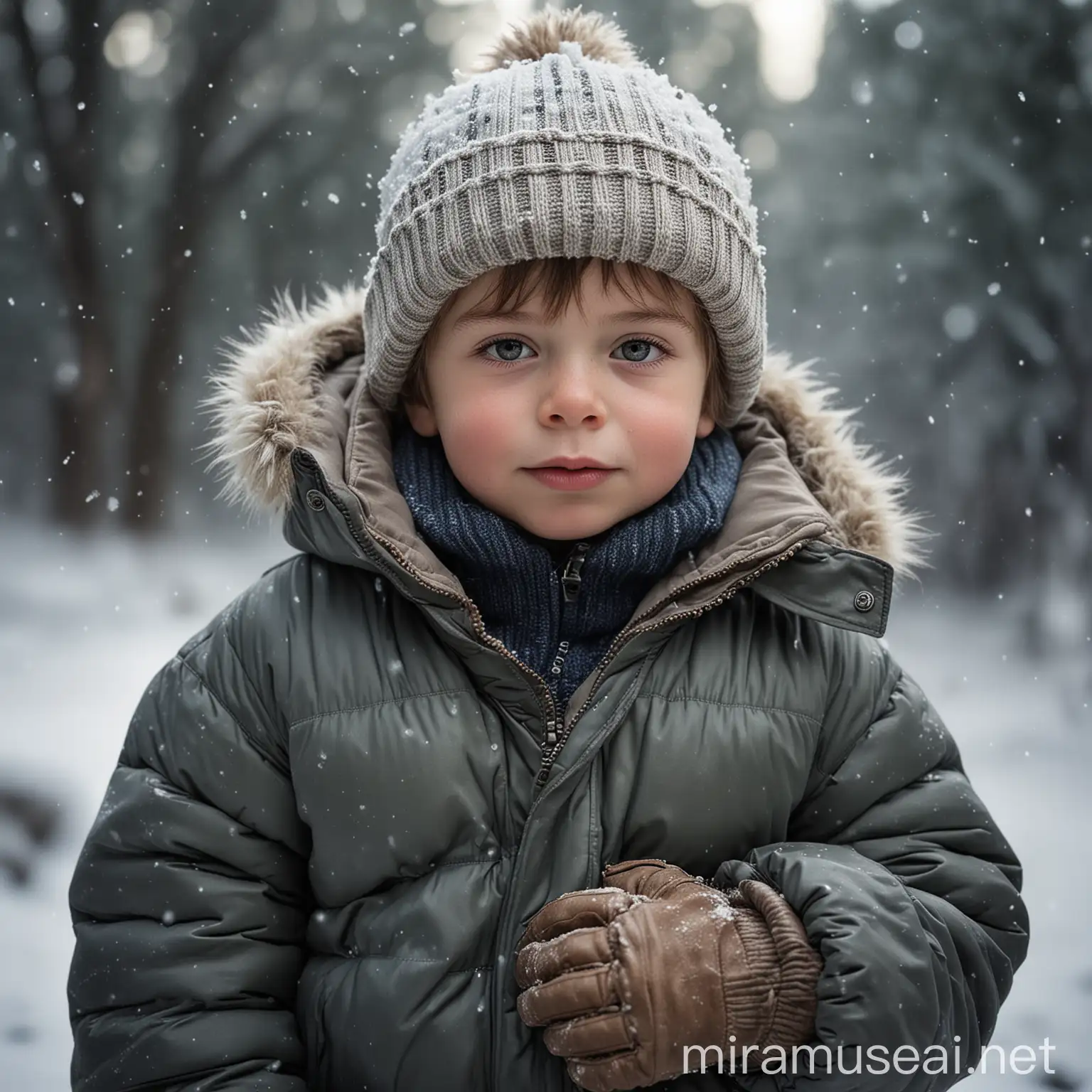 A highly realistic photograph of a 6-year-old boy wrapped up in a thick puffer jacket, a warm hat, and large winter boots, as if he’s in the midst of a freezing winter. The boy is in the foreground, giving a clear and detailed view of his bundled-up attire against a blurred snowy background. The lighting captures the frosty atmosphere and the child's breath is visible in the cold air.