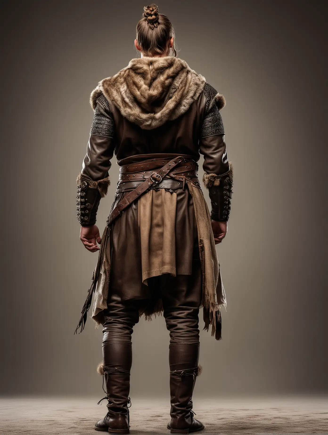 muscular viking warrior, back view, showing no face, short hair tied high man bun, brown hair, full body, warrior clothes, leather sleeves, well proportioned, fur shawl and fur sleeves
