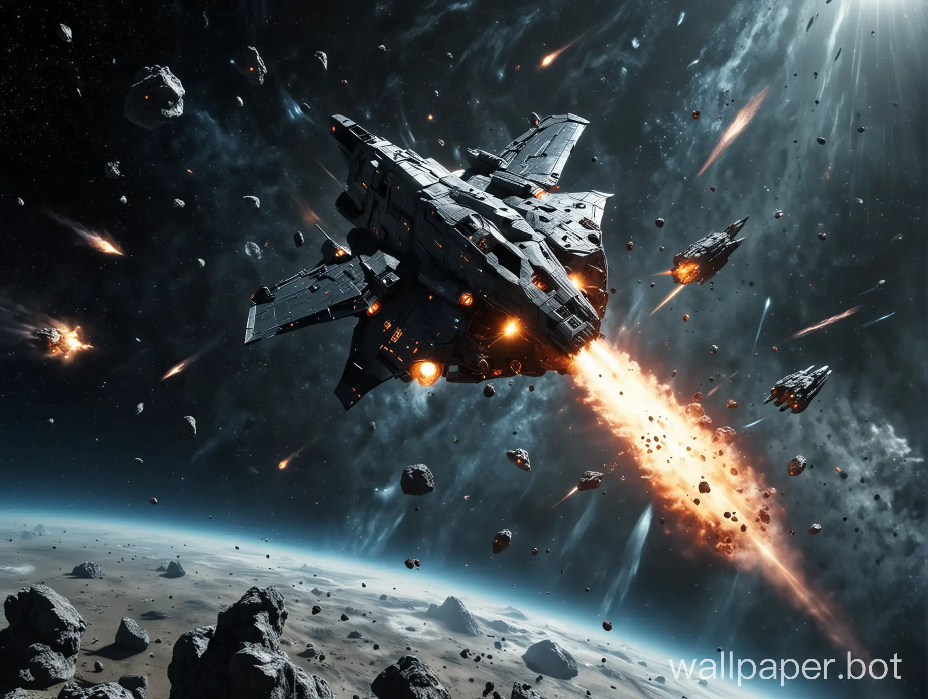 space fighter flying into space and firing at asteroids, asteroid explosions in the background