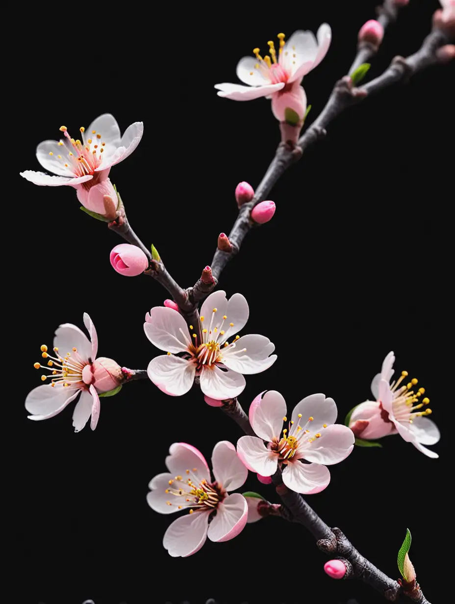 Elegant Peach Blossom Branch Against Dramatic Black Background