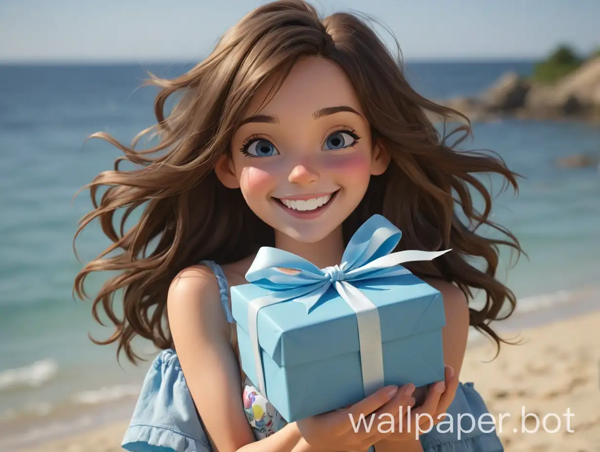 girl with a gift, blue, brunette, smiling, summer