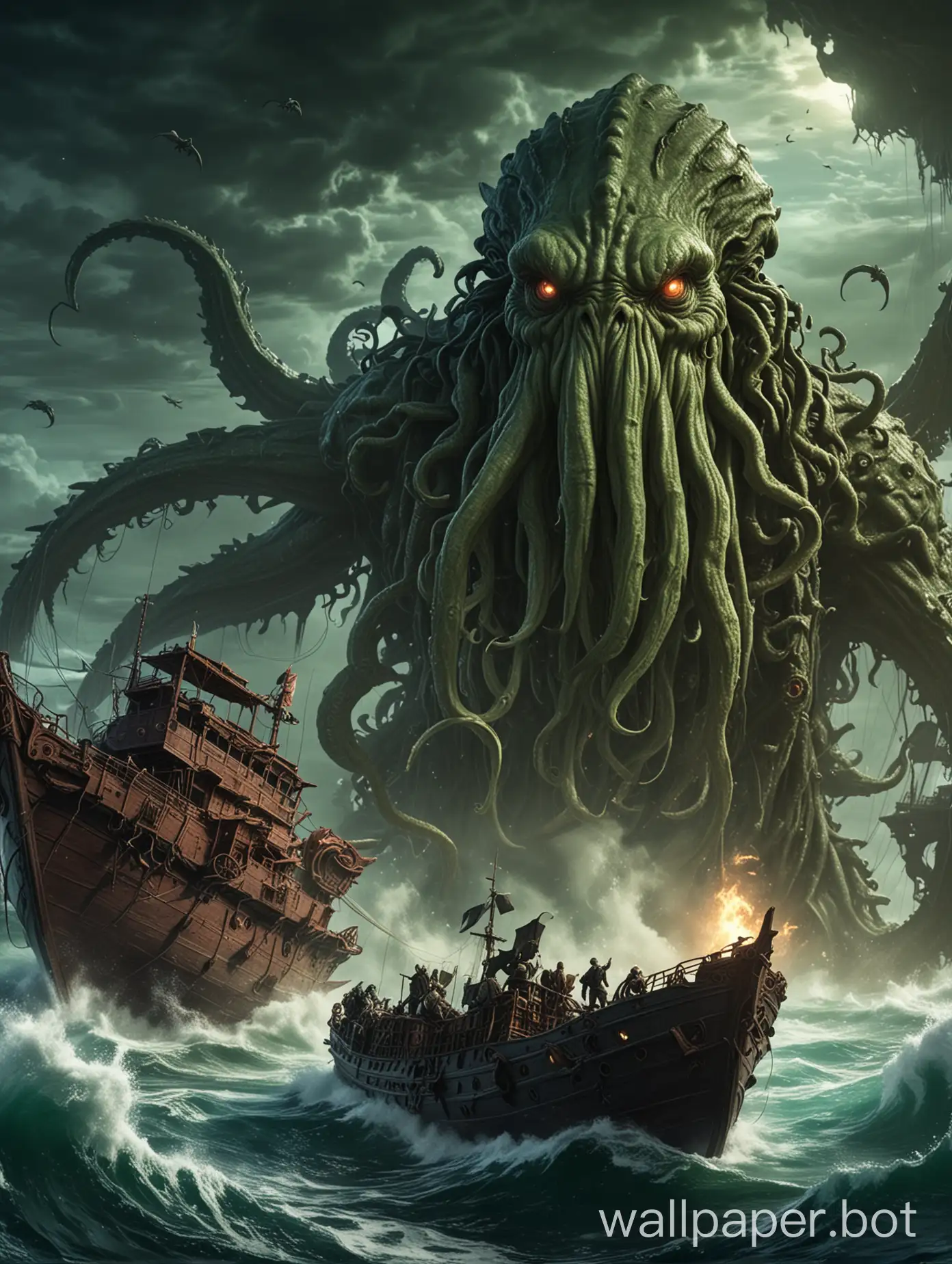 Cthulhu monsters destroying ship with temple sea backgrounds