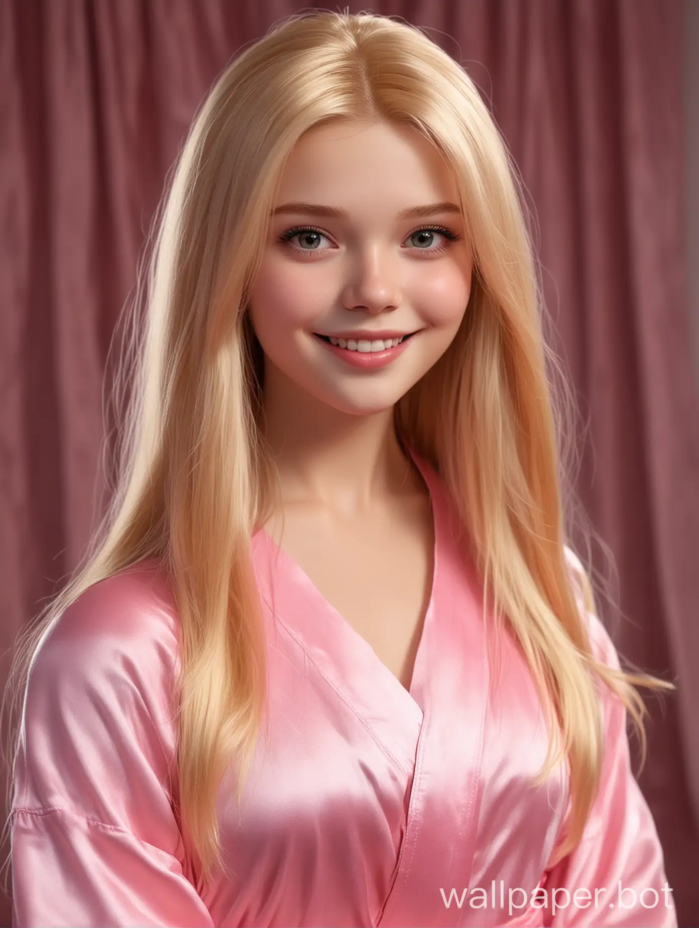 Realistic cutie Aurora with long straight hair in a pink silk robe smiles
