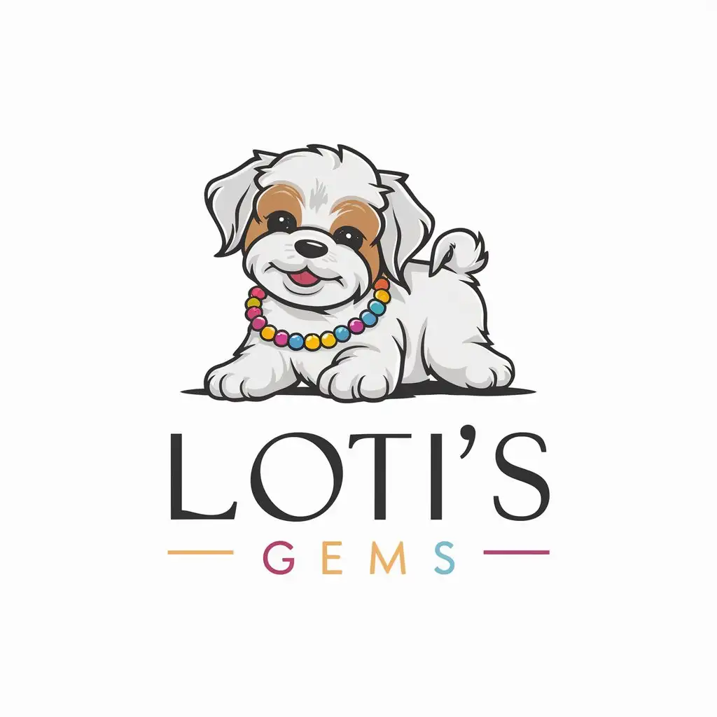 a logo design,with the text "Loti's GEMS", main symbol:a white shitzu puppy with a beaded necklet on colorful,Moderate,be used in Retail industry,clear background
