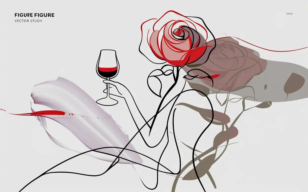 from smudges and shading emerges an abstract figure study, posed, stick figure rose, with a full open blossom, drinking wine, against a white background, in the vector illustrations style with flat design, minimalism, clean lines, at high resolution with high detail