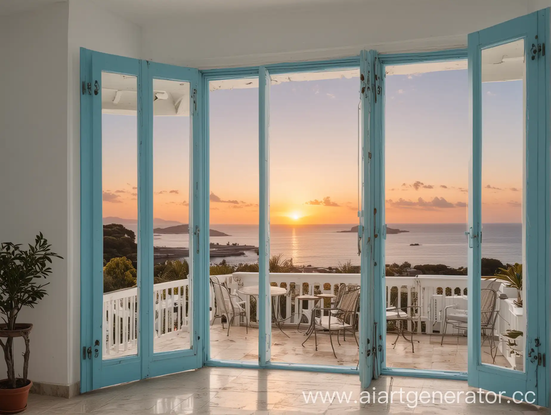 Белый дом голубые ставни с понорамным окном с видом на море с красивой верандой с закатом