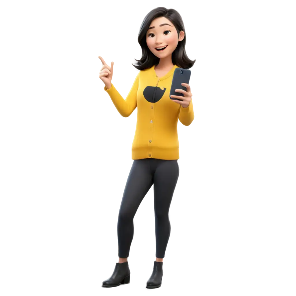 a chinese woman in cartoon pixar. wearing a yellow and black shirt with cardigan and holding and looking to phone with happy face with inviting gesture
