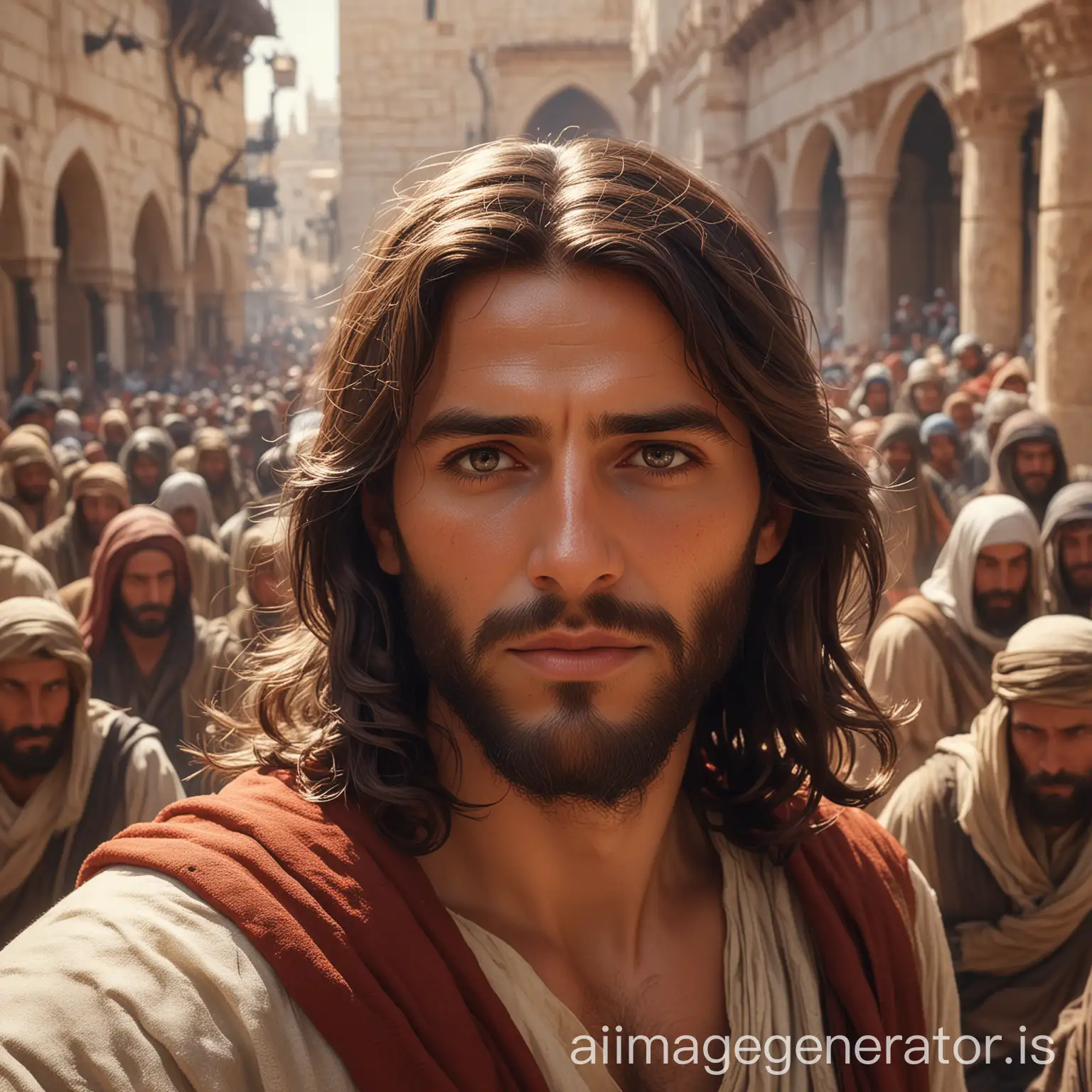 Epic-Fantasy-Art-Closeup-of-Jesus-on-Temple-Mount-Surrounded-by-People