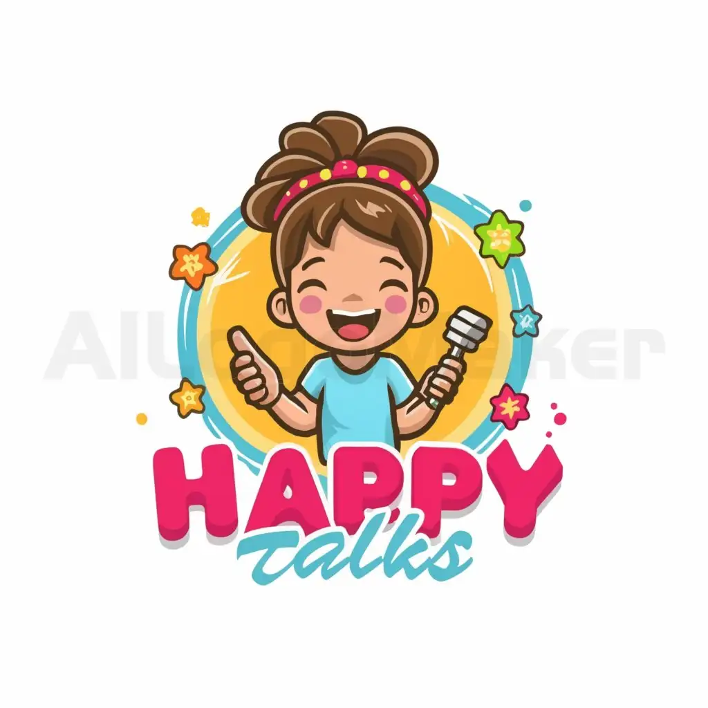a logo design,with the text "Happy Talks", main symbol:Cute girl with mic and book cartoon colurfully,Moderate,clear background