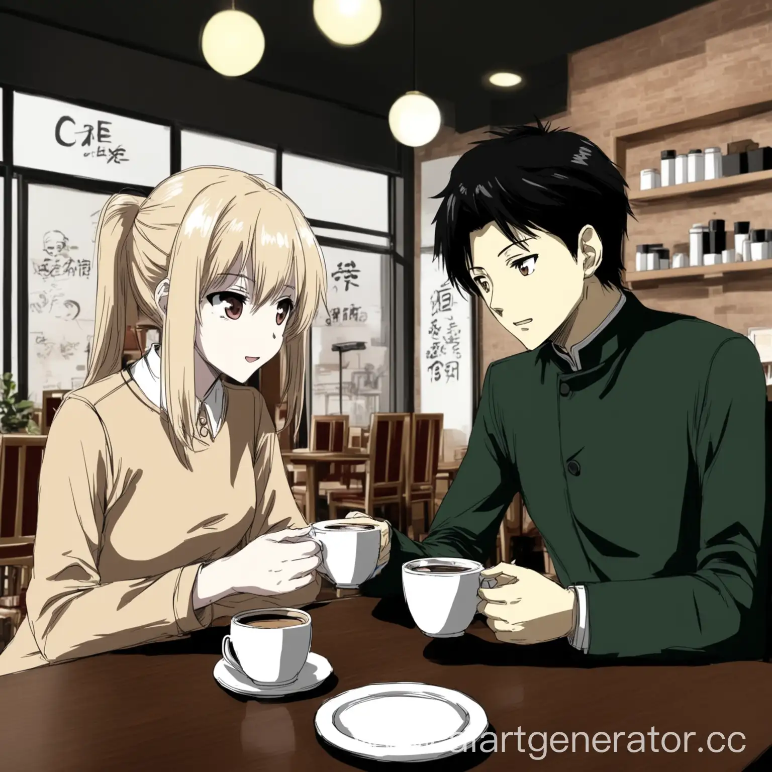 Два нарисованных аниме китайца ведут между собой диалог в кафе за чашкой кофе