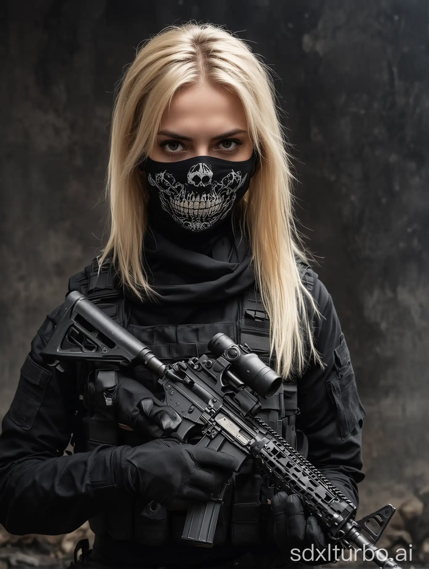 Beautiful blonde girl with very fair skin in black black tactical military uniform using a black balaclava with skull pattern, tactical black gloves, carrying an assault rifle, night and background explosions