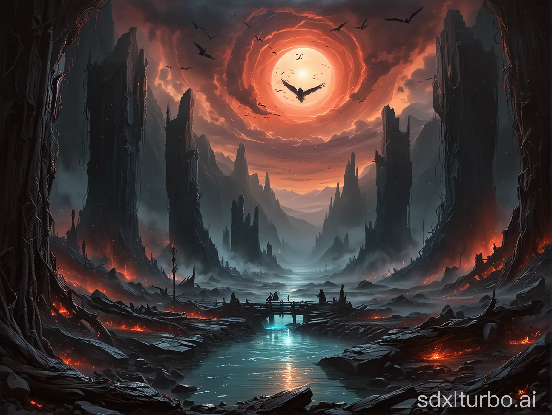 The Magical Doomsday of the Aether Well on the Etherland Continent - Scene: The edge of the Aether Well at the heart of the Etherland Continent, surrounded by the black mist of the "Doomsday Erosion" - Time: Dusk, with the sky interwoven with amethyst and blood-red hues, foreboding an ominous sign - Atmosphere: Mysterious, oppressive, and tragic, with a hint of indomitable resistance - Subject: The Aether Well, a massive magical spring with black ripples spreading across its surface, the center of which holds a tenacious blue glow against the erosion - Details:   - Well water: The center glows with flickering blue light, surrounded by an interwoven darkness and blue, creating a dynamic struggle between erosion and resistance   - Surrounding environment: Ancient magical rune stones encircle the well, some of the runes faintly glowing, others still stubbornly shining   - Creatures: Several sorcerers in tattered robes, faces resolute, holding staffs that flicker with light corresponding to the well's glow as they cast spells   - Light and shadow effects: The glow of the well contrasts with the blood-red sky, with magical light piercing through the dark mist, depicting a battle between light and darkness   - Additional elements: Crows in the sky, their eyes flashing with red light, and magical runes subtly appearing as their wings flap - Style: Fantasy art, rich in detail, akin to the world of Middle-earth in "The Lord of the Rings" - Perspective: A slightly elevated viewpoint from the edge of the well, allowing an overview of the entire Aether Well and its surroundings, showcasing the full scope of the battle - Artistic direction: Emphasize the destruction of the magical world by the Doomsday Erosion, while highlighting the sorcerers' unyielding resistance and the glimmer of hope remaining in the well's water