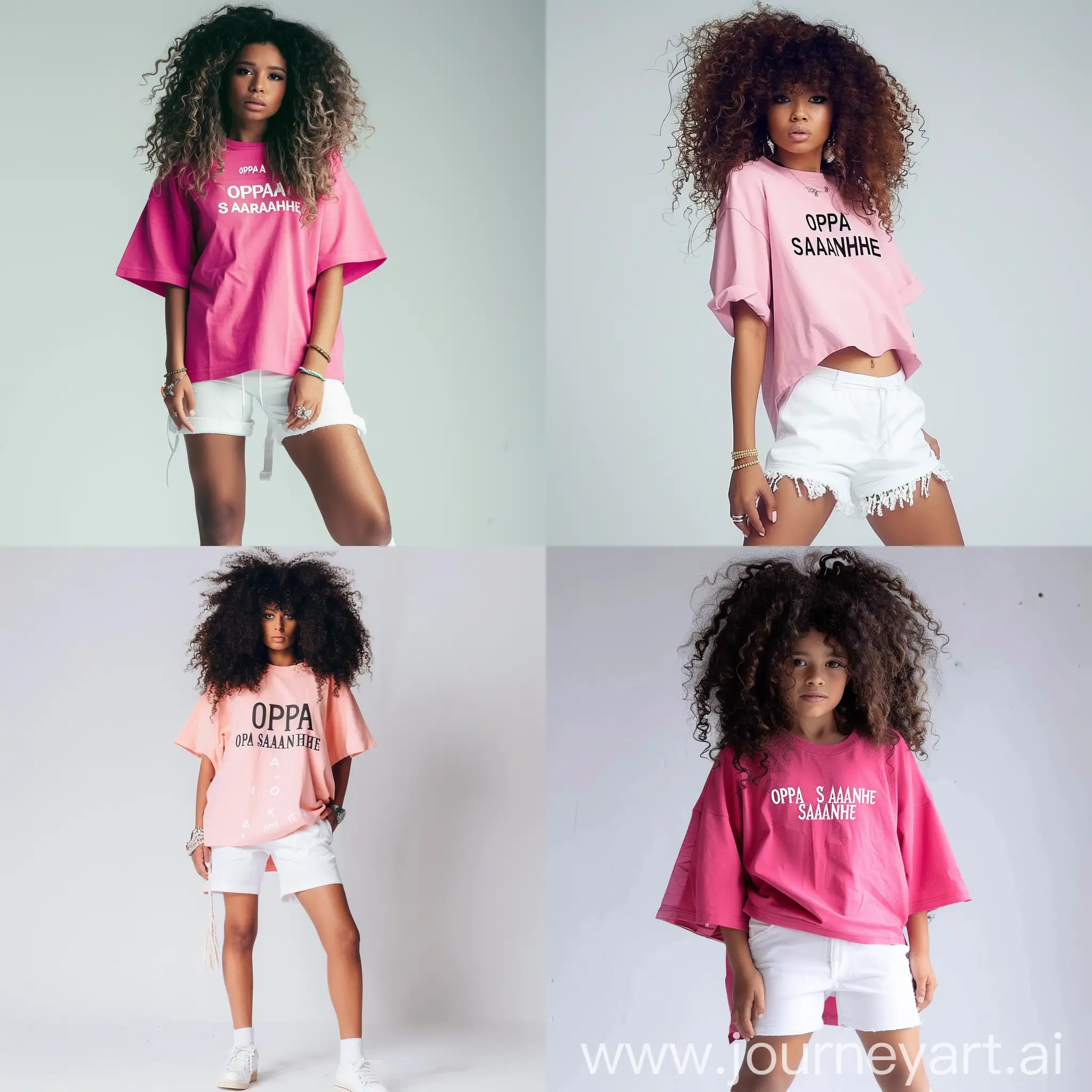 Create a realistic photo of a girl with curly hair, wearing white shorts and an oversized pink t-shirt with the words "OPPA SARANHE" on the chest