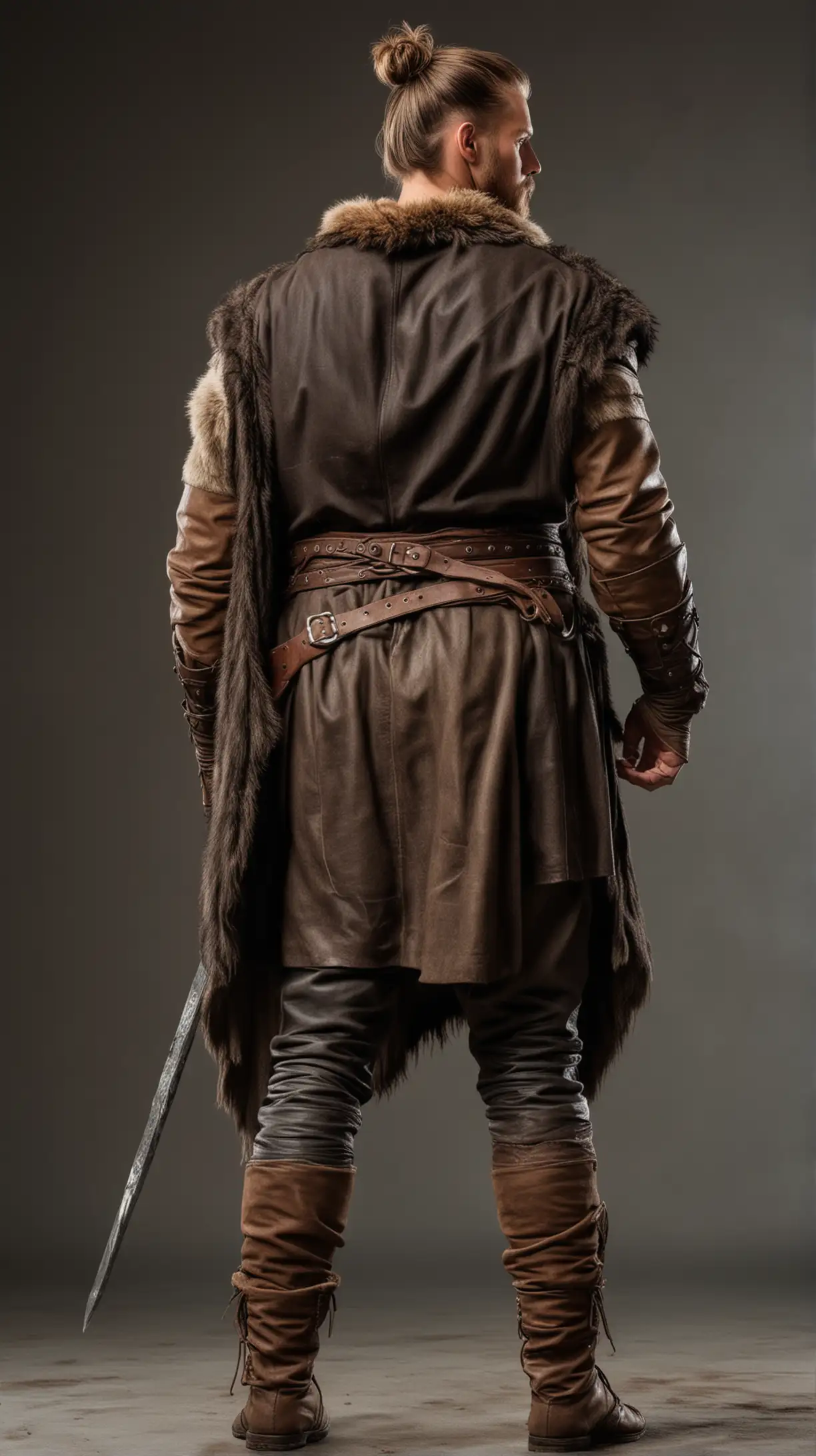 muscular viking warrior, back view, showing no face, short hair tied high man bun, brown hair, full body, warrior clothes, leather sleeves, well proportioned, fur shawl and fur sleeves
