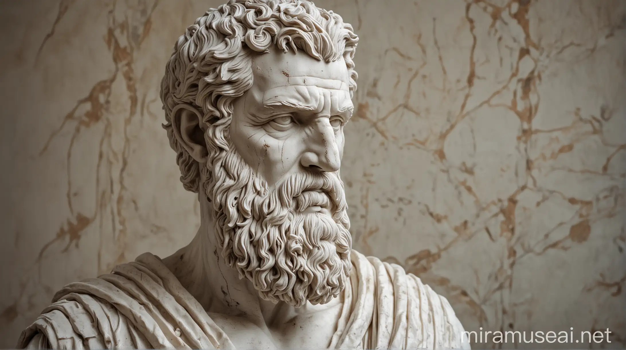 Ancient Greek stoic man statue, white textured, muscular physique, beautiful beard, stoic era background, detailed carving, high quality, realistic sculpture, ancient, stoicism era, white marble, chiseled features, shredded physique, strong, textured, detailed beard, focused expression, atmospheric lighting stoicism background