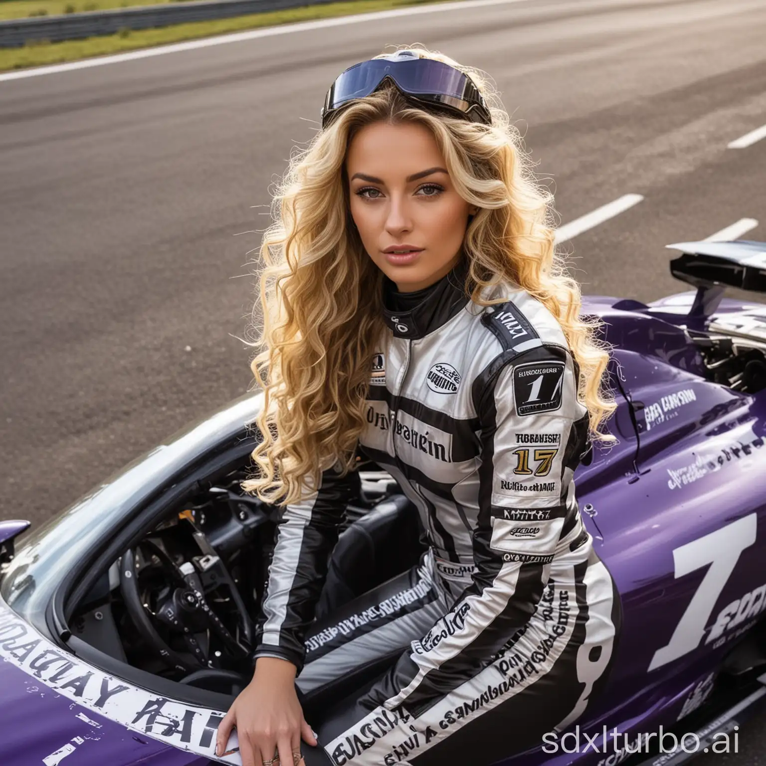 Blonde-Woman-in-Black-and-White-Racing-Suit-on-Shimmering-Purple-Racing-Car