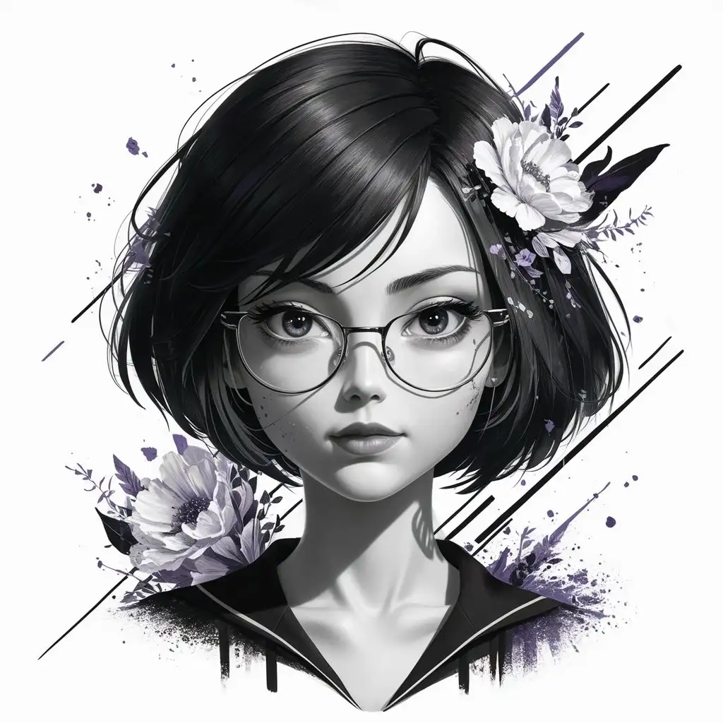 The image showcases a head-and-shoulders portrait of a young woman drawn in an anime style. Her large, expressive eyes, accentuated by stylish glasses, draw the viewer's attention. Her short, dark hair is styled in a bob, and delicate floral elements frame her face, creating a sense of femininity and grace. The use of black and white with splashes of purple adds a modern and striking contrast, enhancing the overall visual appeal. The art style suggests a contemporary take on traditional anime aesthetics, appealing to a younger audience. The image exudes a sense of quiet confidence and individuality, reflecting themes of self-expression and personal style often found in anime and manga.