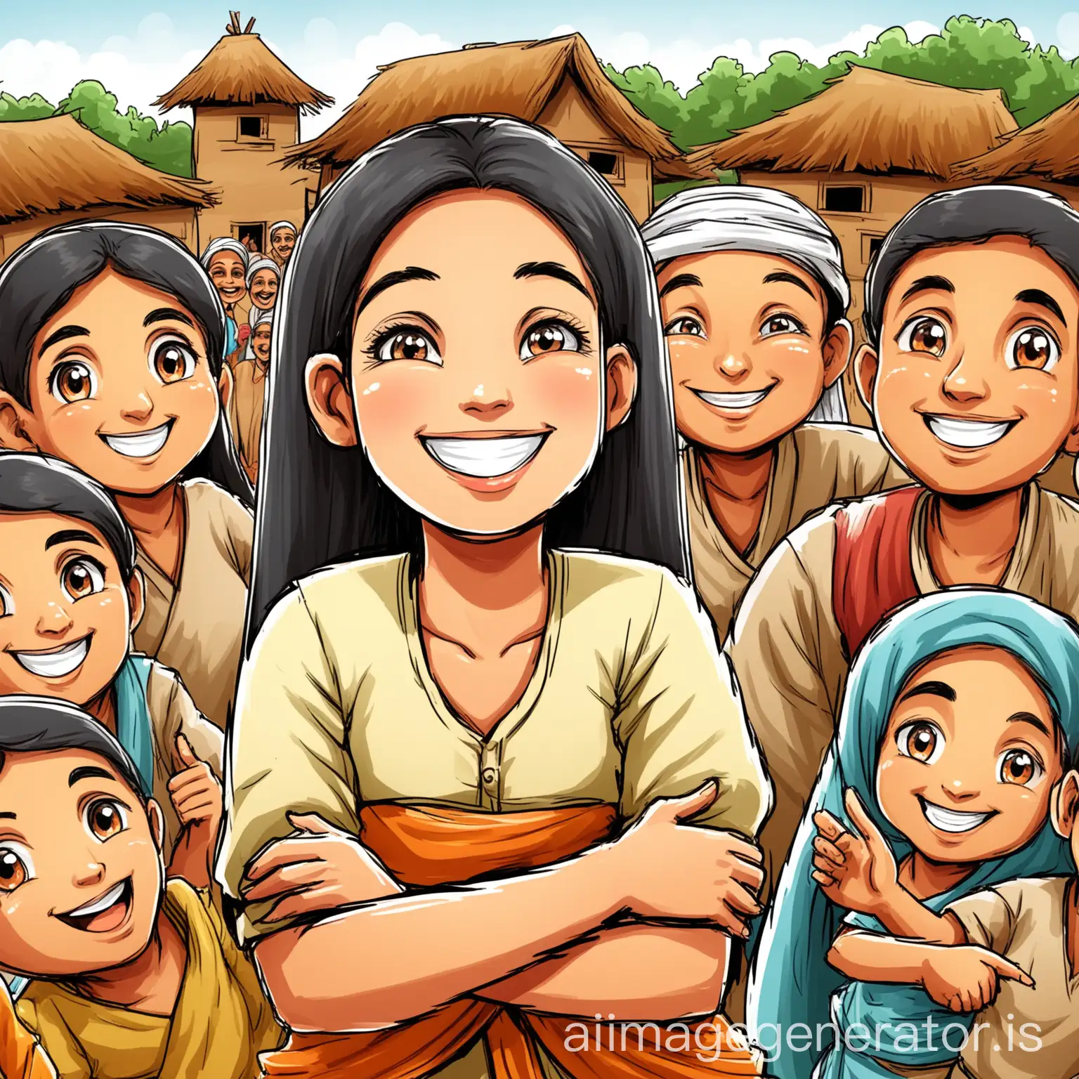 a happy girl smiling with village members in gilbil style cartoon drawing
