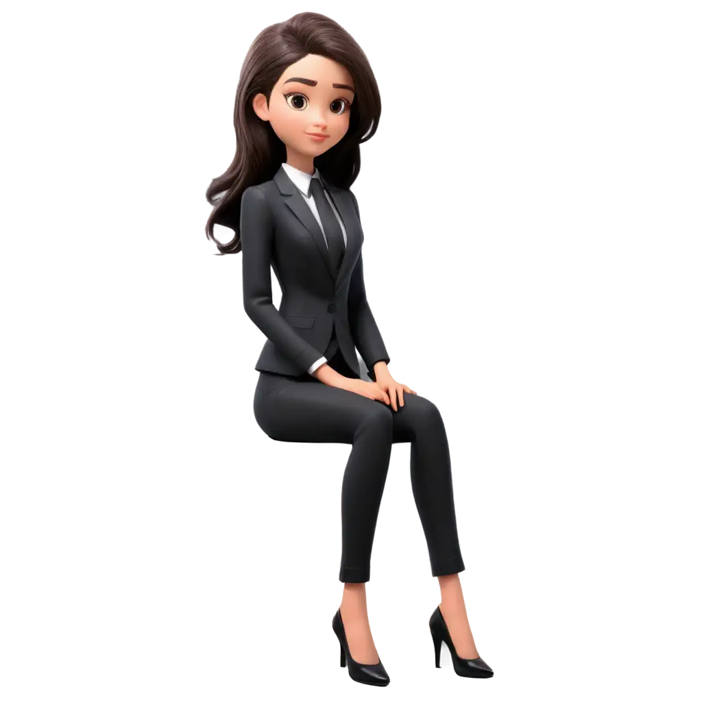 PNG-Cartoon-Illustration-of-a-Cute-Girl-in-Black-Office-Suit-with-Hair-Comb