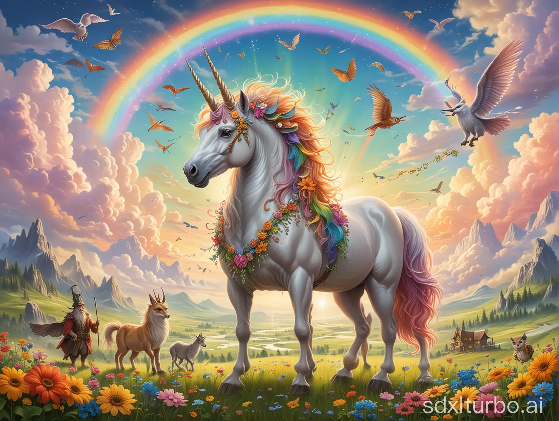 A vibrant and whimsical illustration featuring a diverse array of mythical creatures gathered together. A majestic unicorn with a sparkling horn stands in the center, surrounded by a mischievous leprechaun, a wise owl with a magical staff, and a playful dragon with a rainbow tail. The background is a soft pastel sky with fluffy clouds, and a lush green meadow with colorful flowers. This charming scene is perfect for a greeting card, evoking warmth and wonder.