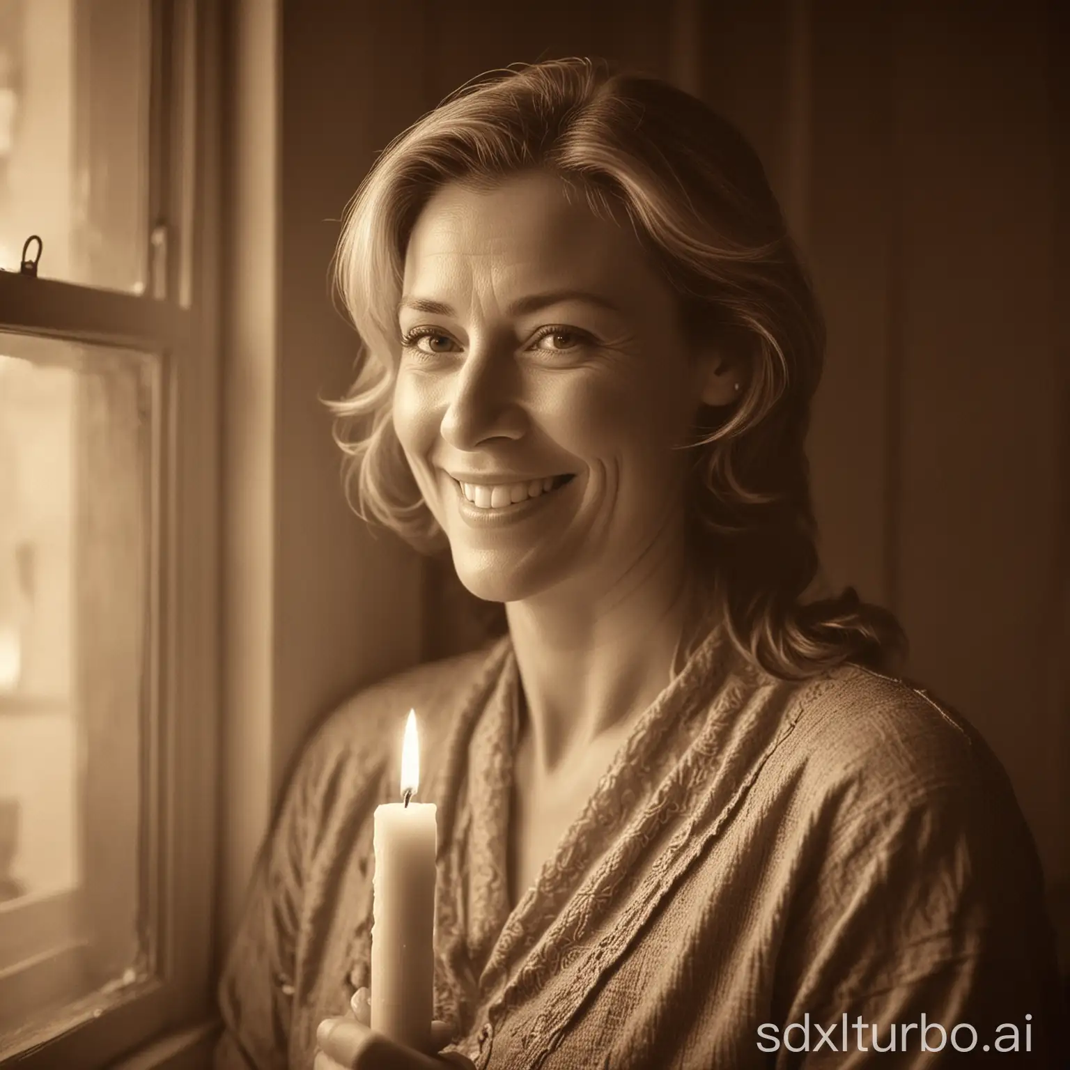 classic portrait of a smiling middle-aged woman near a window holding a candle, light getting through the window, the room is dark, sepia finishment