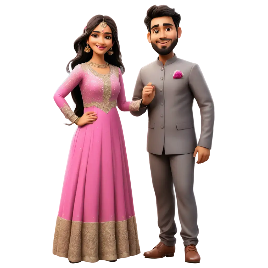 indian wedding caricature of a fat couple and girl is shorter than the boy the boy is dark skinned wearing grey shalwar kameez and the girl is fair skinned wearing a off white and pink gown with long hairs.