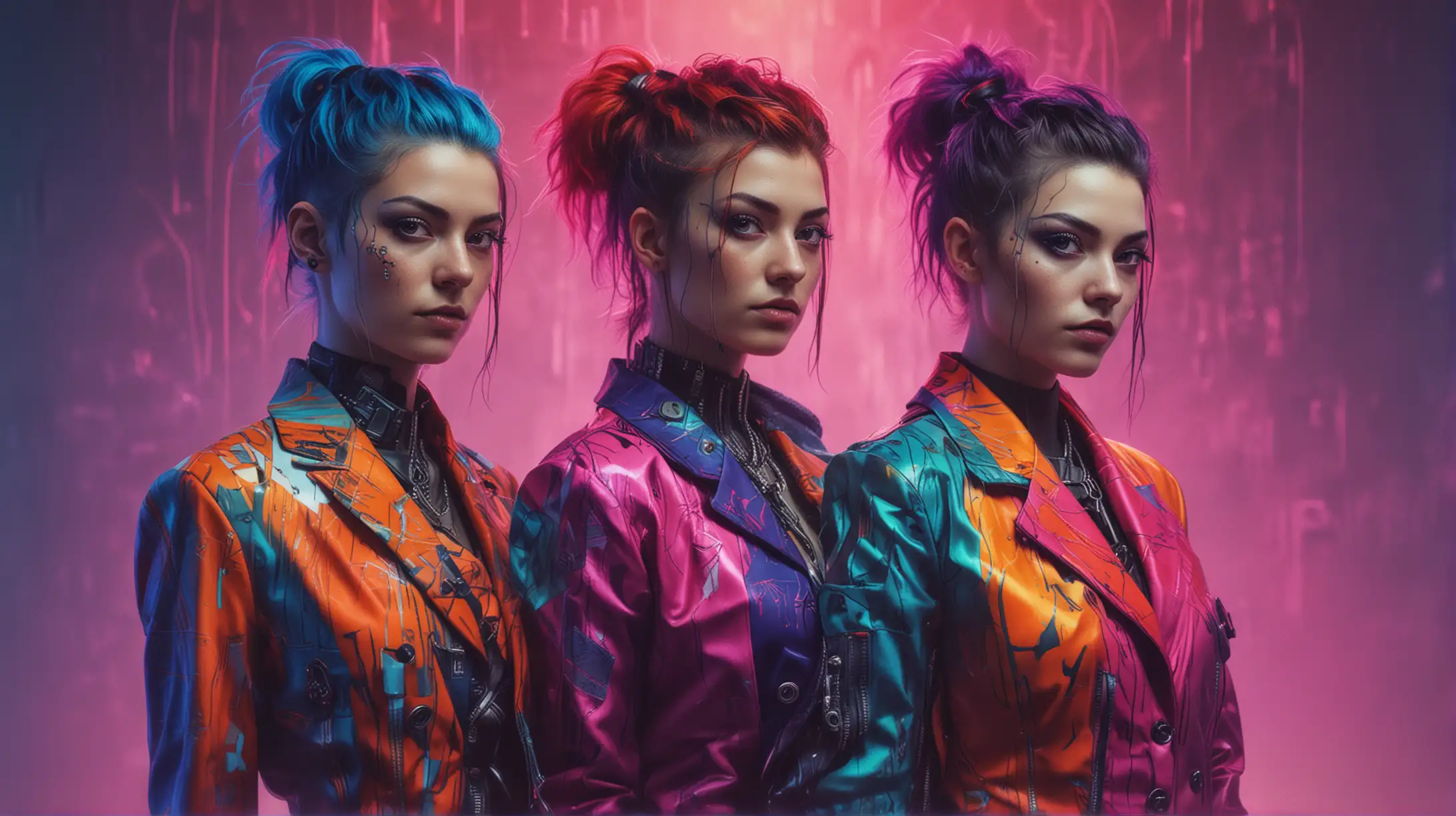 Three Cyberpunk Women in Colorful Suits on Delicate Fuzzy Background