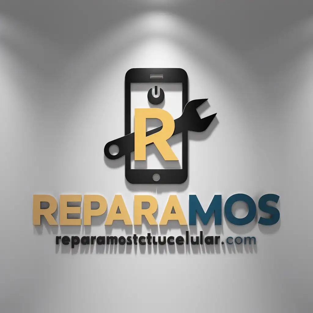 a logo design,with the text "Reparamos", main symbol:Generate a simple logo design for a company named ReparamosTuCelular.Com in the cell phone repair industry considering the colors Yellow, Black and blue with a minimalist modern flat cell phone style consisting of a simple phone with a monkey wrench forming an 'R' and a power button,Moderate,clear background