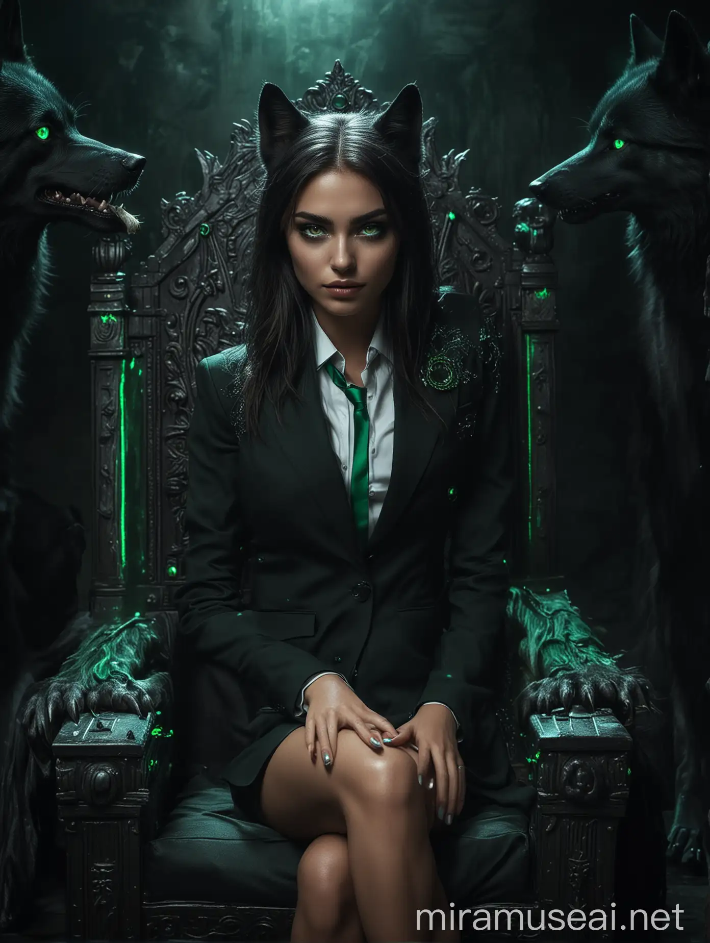 A beautiful woman in suit and green glowing eyes posing on a throne with pride, with a black big green eye wolf beside her, in a dark environment