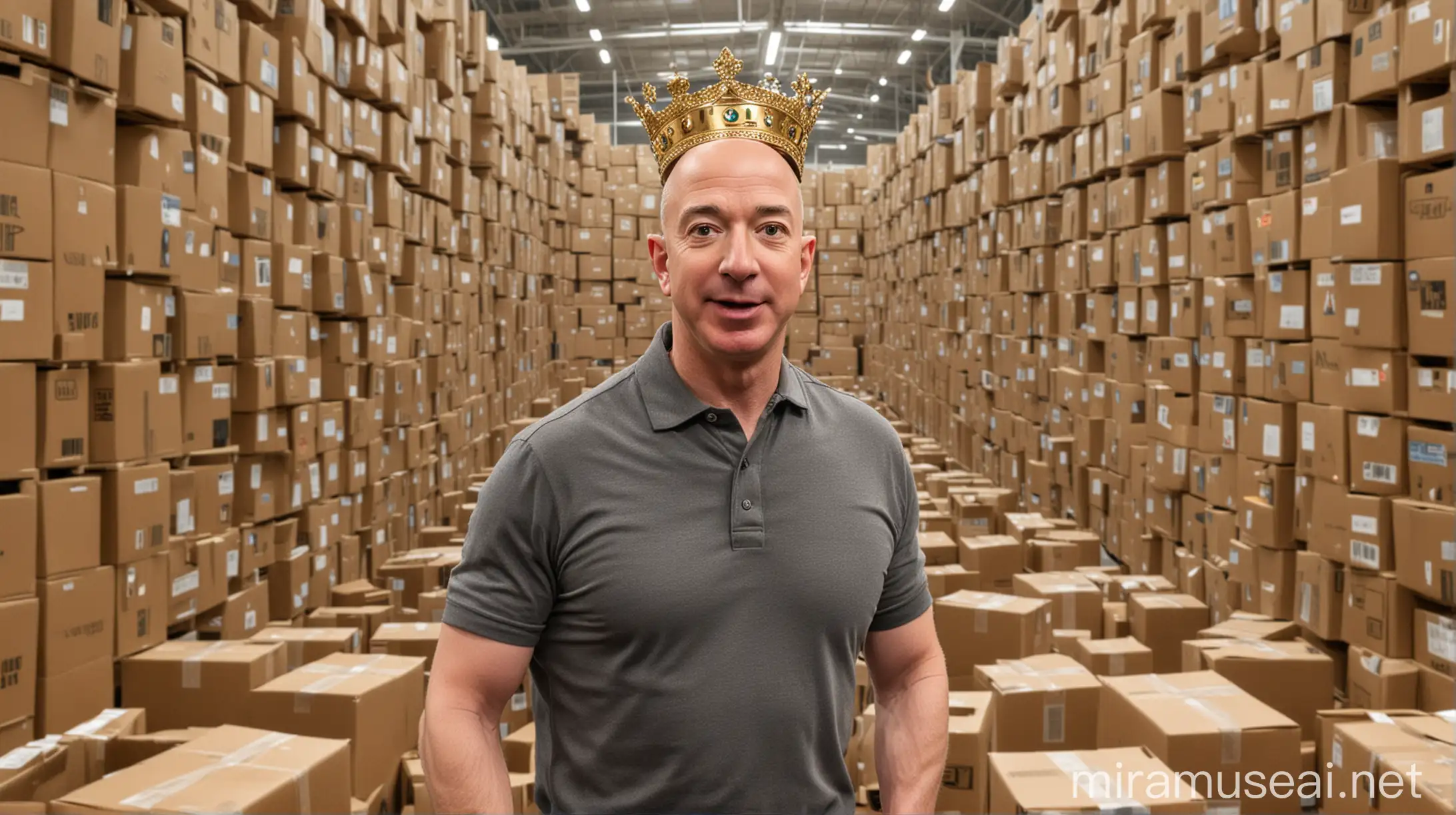 create a youtube thumbnail with jeff bezos in the front middle wearing crown, with background of thousand amazon boxes