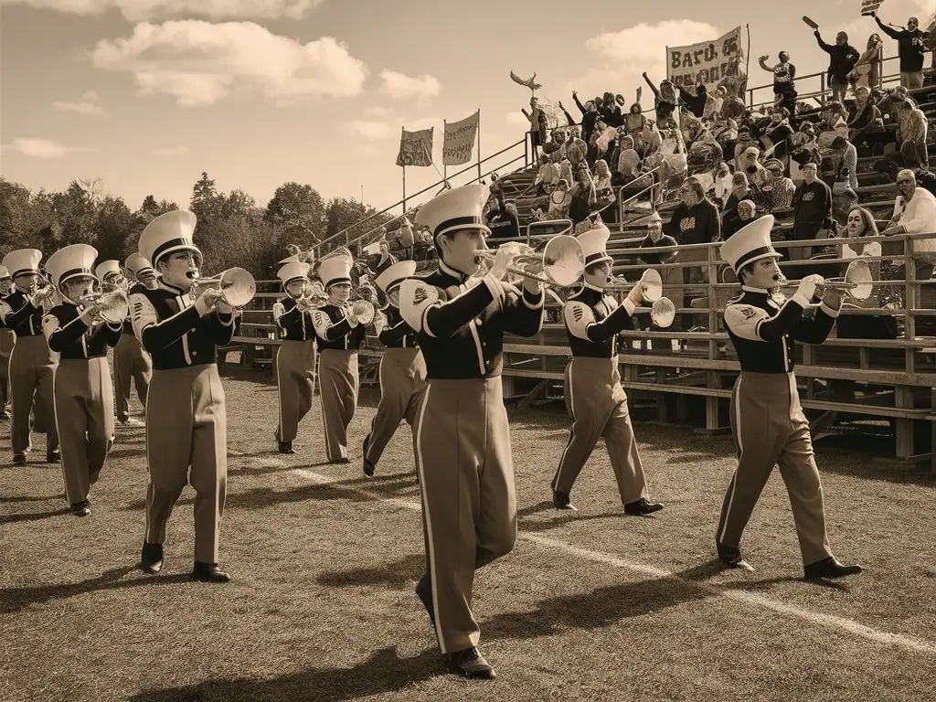 generate some vintage photos of the marching band performing on the football field