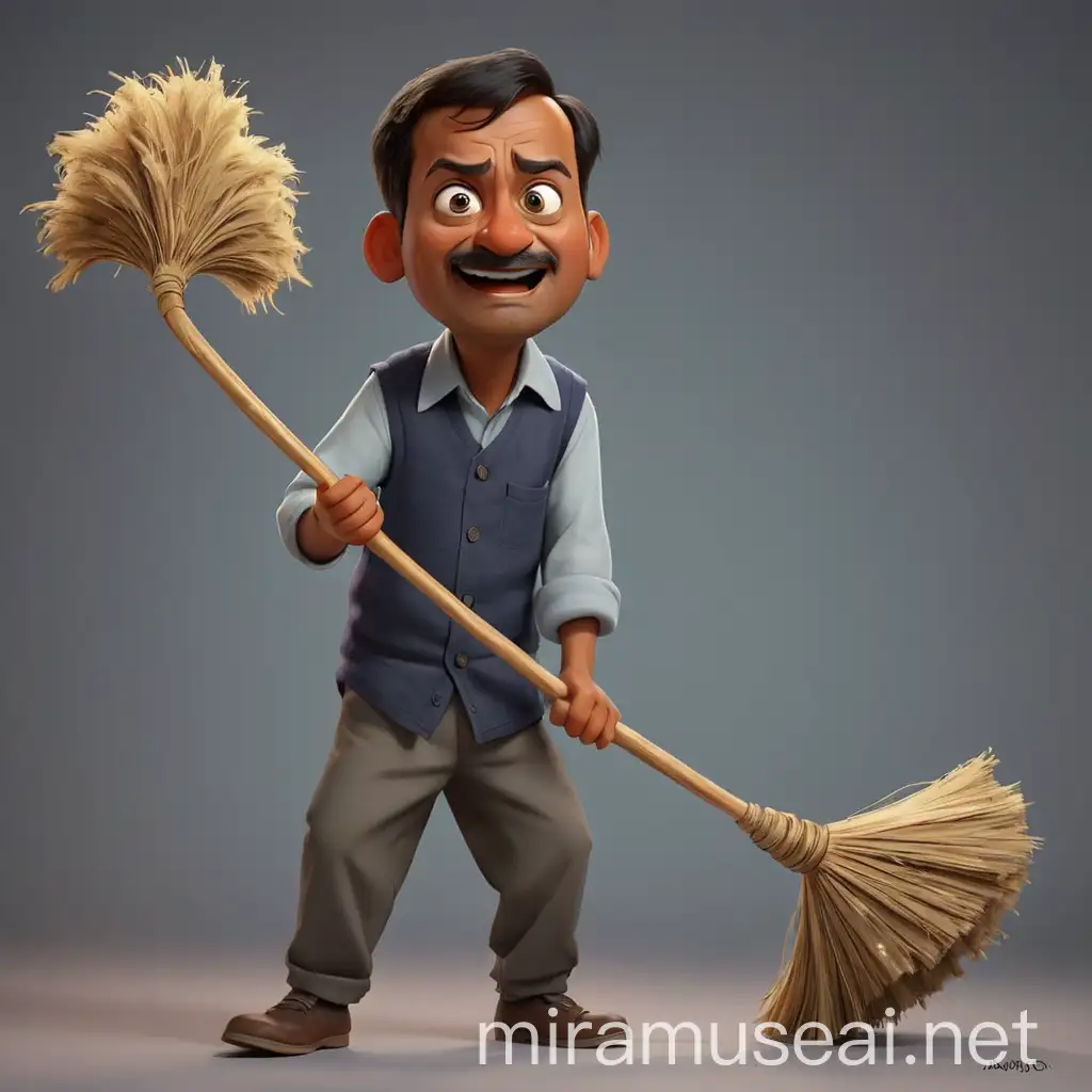 Arvind Kejriwal Soars with a Broom in Disney Pixar Animation Style