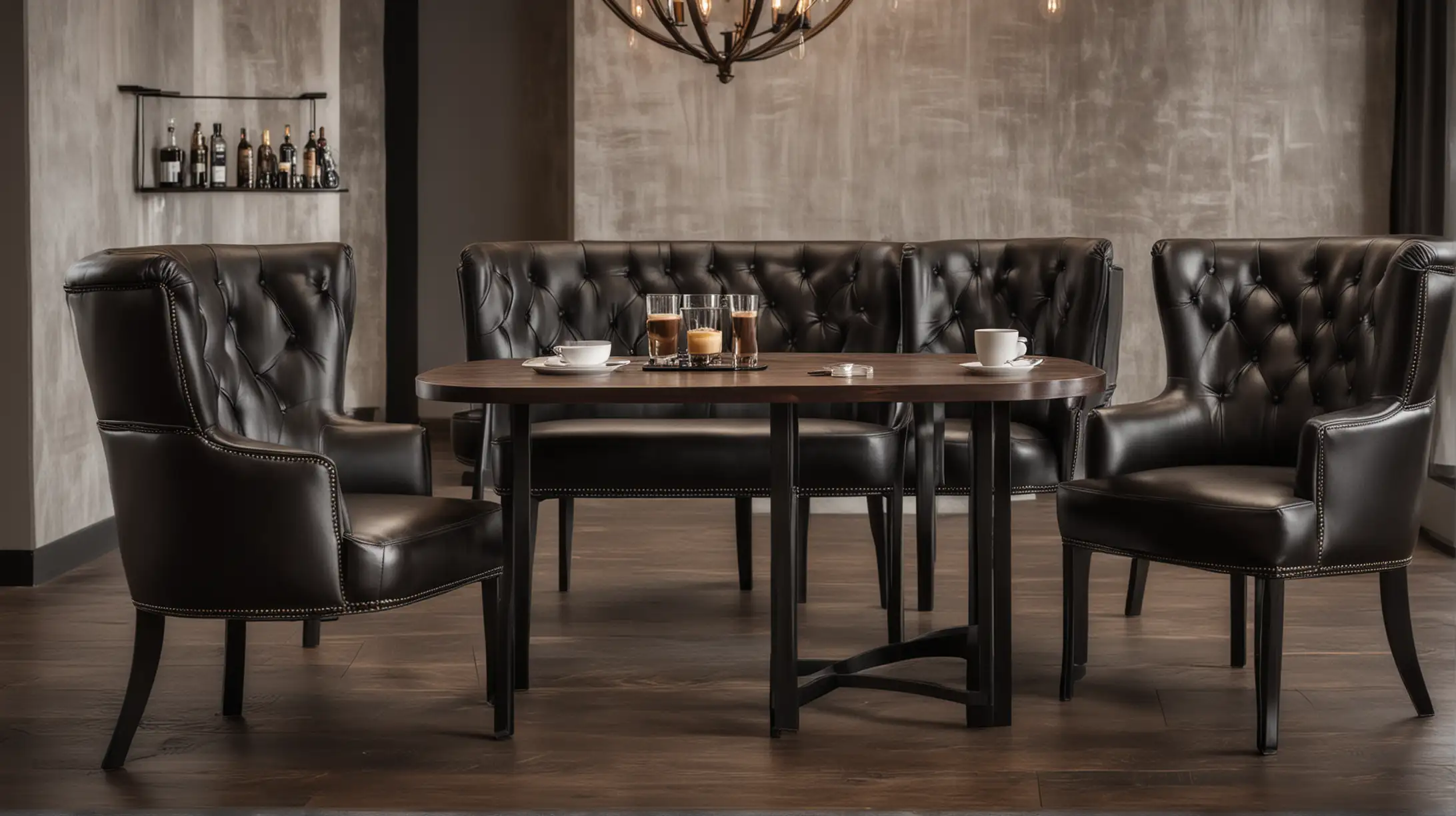 an exclusive coffee club, with black and platinum color design, using leather chairs and dark wooden table