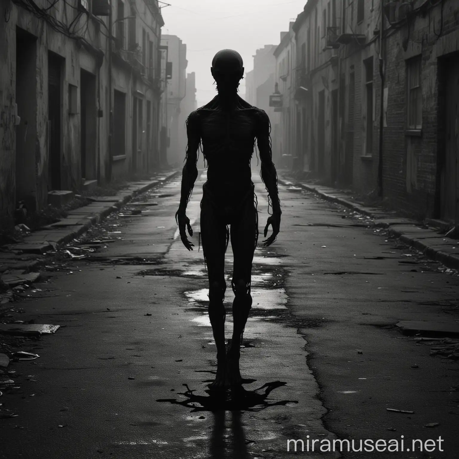 It must be a photo that is so realistic that it is indistinguishable. It should look distressed, so that it looks more realistic and creepy. The background of the photo should be a very dark street or field. There must be an alien-like silhouette. But it should not be like an alien, it should be more scary and unusual than an alien. The lower part of the silhouette's body should look like it has been cut off. So it shouldn't have legs. - Since he has no silhouette legs, he must walk on his hands. Draw me scary animal.
