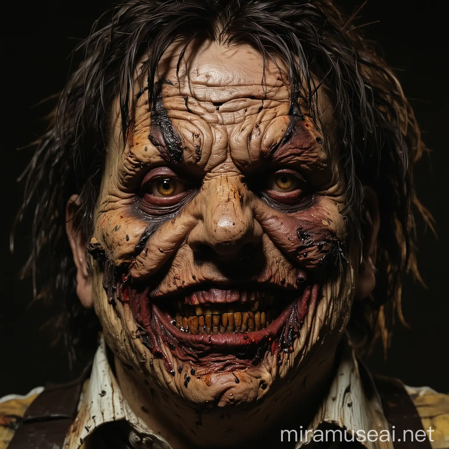 Leatherface psychodelic gore deep dark horror deformed face
